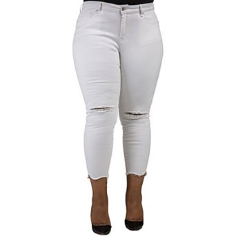 Women's Plus Size Curvy Fit Denim Raw Edge Destroyed Cropped Ankle Jeans