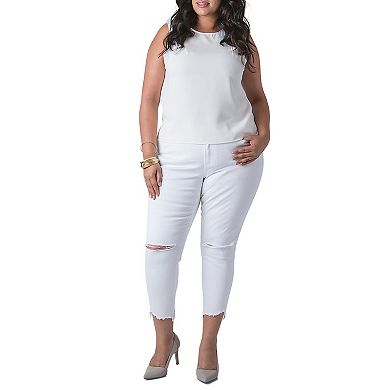 Women's Plus Size Curvy Fit Denim Raw Edge Destroyed Cropped Ankle Jeans