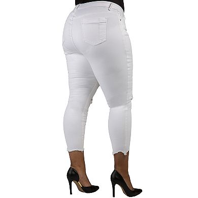 Women's Plus Size Curvy Fit Denim Raw Edge Destroyed Cropped Ankle Jeans
