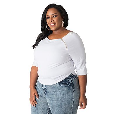 Plus Size Curvy Women's Short Sleeve Shirt Zipper Shoulders