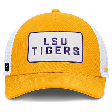 Men's Nike Gold/White LSU Tigers 2025 On-Field Rise Patch Trucker Adjustable Hat