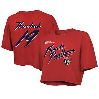 Women's Majestic Threads Matthew Tkachuk Red Florida Panthers 2025 Stanley Cup Champions Name & Number Boxy Cropped T-Shirt