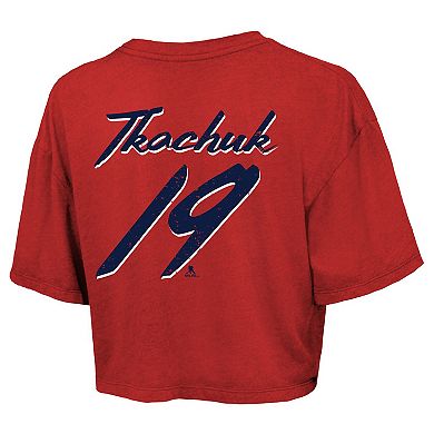 Women's Majestic Threads Matthew Tkachuk Red Florida Panthers 2025 Stanley Cup Champions Name & Number Boxy Cropped T-Shirt