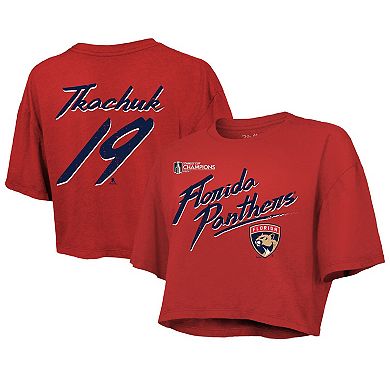 Women's Majestic Threads Matthew Tkachuk Red Florida Panthers 2025 Stanley Cup Champions Name & Number Boxy Cropped T-Shirt