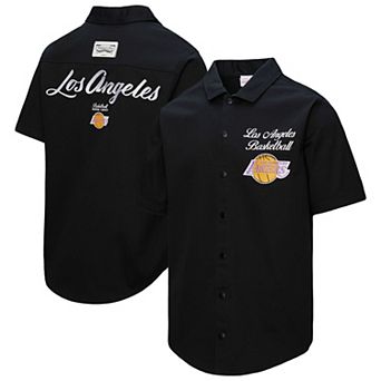 Men's Mitchell & Ness Black Los Angeles Lakers Hardwood Classics Camp Shirt
