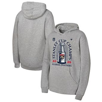 Youth Fanatics Heather Gray Florida Panthers 2025 Stanley Cup Champions Locker Room Pullover Hoodie
