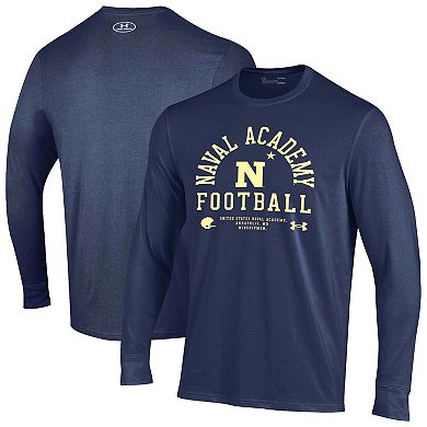 Men's Under Armour Navy Navy Midshipmen 2025 Sideline Football Performance Cotton Long Sleeve T-Shirt