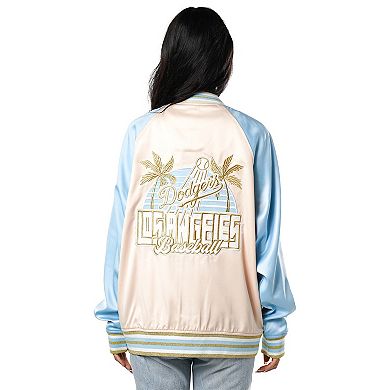Women's The Wild Collective Cream Los Angeles Dodgers Oversized Satin Raglan Full-Snap Bomber Jacket
