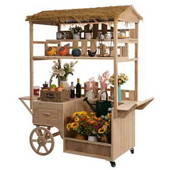 Vintiquewise Versatile Multi-Tier Shelves Wooden Rolling Cart with Straw Roof and 2 Wood Wheels