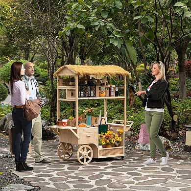 Vintiquewise Versatile Multi-Tier Shelves Wooden Rolling Cart with Straw Roof and 2 Wood Wheels