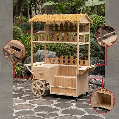 Vintiquewise Versatile Multi-Tier Shelves Wooden Rolling Cart with Straw Roof and 2 Wood Wheels
