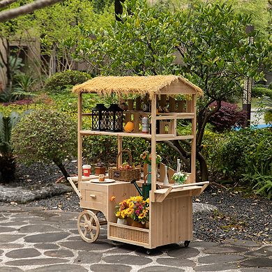 Vintiquewise Versatile Multi-Tier Shelves Wooden Rolling Cart with Straw Roof and 2 Wood Wheels