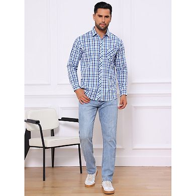 Men's Long Sleeve Checked Dress Shirt Point Collar Button Plaid Shirt