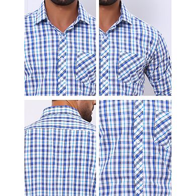 Men's Long Sleeve Checked Dress Shirt Point Collar Button Plaid Shirt
