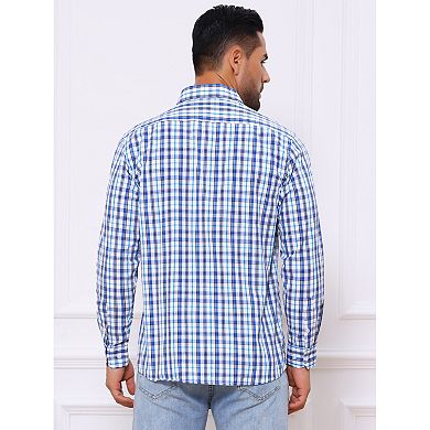 Men's Long Sleeve Checked Dress Shirt Point Collar Button Plaid Shirt