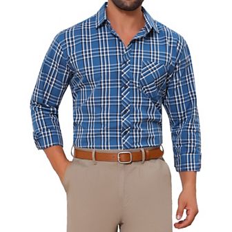 Men's Long Sleeve Checked Dress Shirt Point Collar Button Plaid Shirt