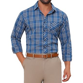 Men's Long Sleeve Checked Dress Shirt Point Collar Button Plaid Shirt