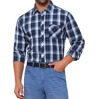 Men's Long Sleeve Checked Dress Shirt Point Collar Button Plaid Shirt