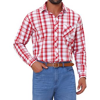 Men's Long Sleeve Checked Dress Shirt Point Collar Button Plaid Shirt
