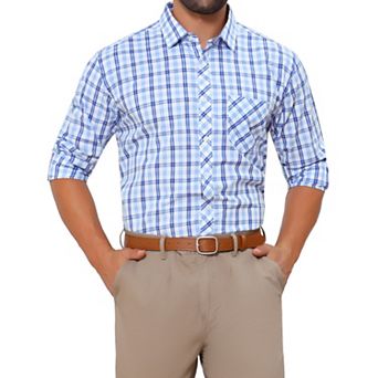 Men's Long Sleeve Checked Dress Shirt Point Collar Button Plaid Shirt