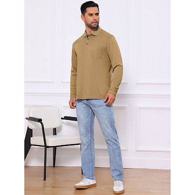 Men's Contrast Button Collared Pocket Long Sleeves Golf Polo T-Shirts