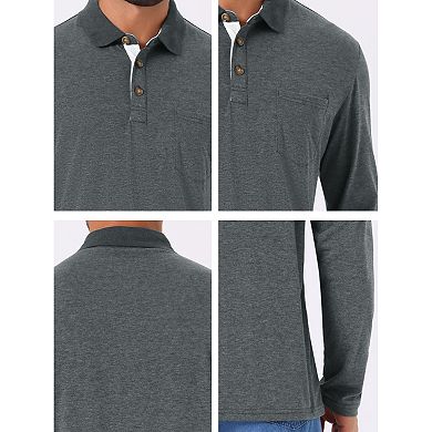 Men's Contrast Button Collared Pocket Long Sleeves Golf Polo T-Shirts