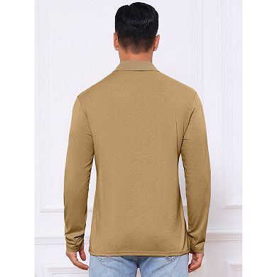 Men's Contrast Button Collared Pocket Long Sleeves Golf Polo T-Shirts