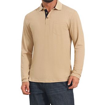 Men's Contrast Button Collared Pocket Long Sleeves Golf Polo T-Shirts