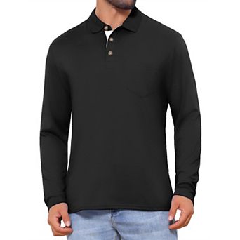 Men's Contrast Button Collared Pocket Long Sleeves Golf Polo T-Shirts