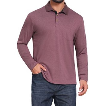 Men's Contrast Button Collared Pocket Long Sleeves Golf Polo T-Shirts