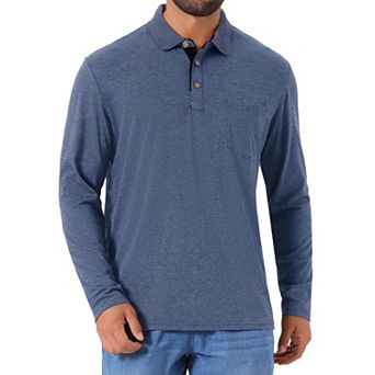 Men's Contrast Button Collared Pocket Long Sleeves Golf Polo T-Shirts