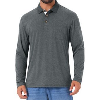 Men's Contrast Button Collared Pocket Long Sleeves Golf Polo T-Shirts