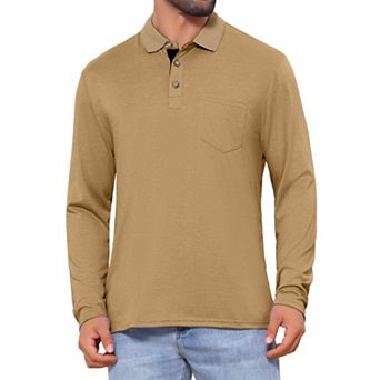Men's Contrast Button Collared Pocket Long Sleeves Golf Polo T-Shirts