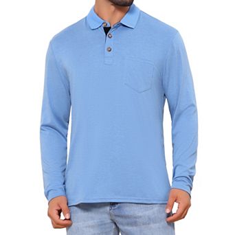 Men's Contrast Button Collared Pocket Long Sleeves Golf Polo T-Shirts