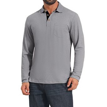 Men's Contrast Button Collared Pocket Long Sleeves Golf Polo T-Shirts