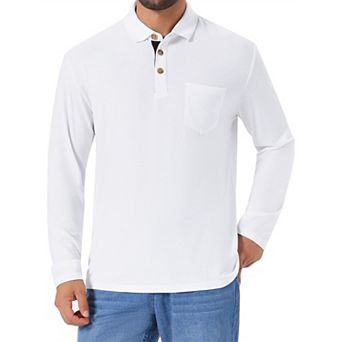 Men's Contrast Button Collared Pocket Long Sleeves Golf Polo T-Shirts