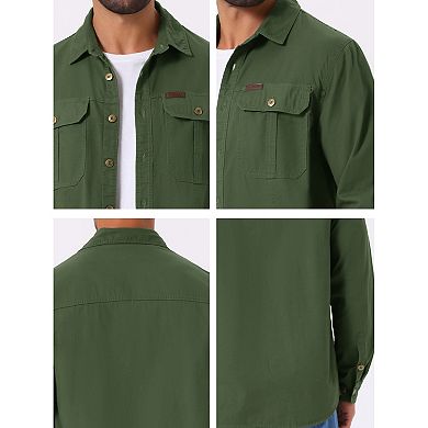 Men's Casual Workwear Long Sleeve Button Down Pockets Fishing Hiking Cargo Work Shirts