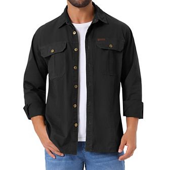 Men's Casual Workwear Long Sleeve Button Down Pockets Fishing Hiking Cargo Work Shirts