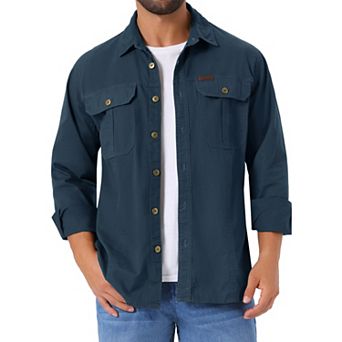Men's Casual Workwear Long Sleeve Button Down Pockets Fishing Hiking Cargo Work Shirts