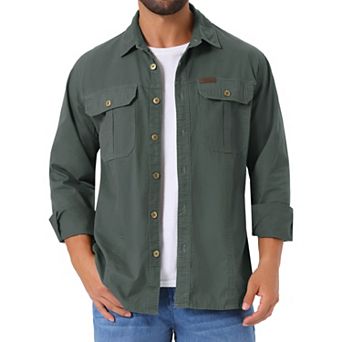 Men's Casual Workwear Long Sleeve Button Down Pockets Fishing Hiking Cargo Work Shirts