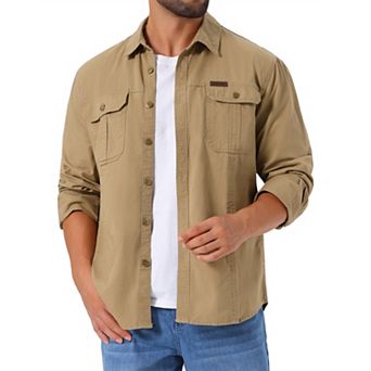 Men's Casual Workwear Long Sleeve Button Down Pockets Fishing Hiking Cargo Work Shirts