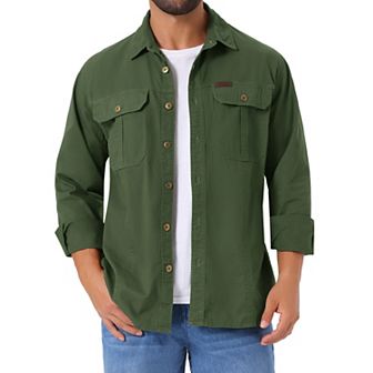 Men's Casual Workwear Long Sleeve Button Down Pockets Fishing Hiking Cargo Work Shirts