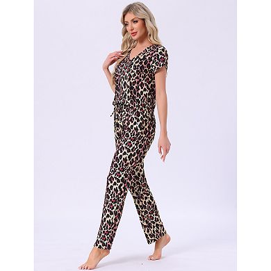 Women's Pajamas V Neck Short Sleeve Top with Drawstring Pants Sleepwear Lounge Sets with Pockets