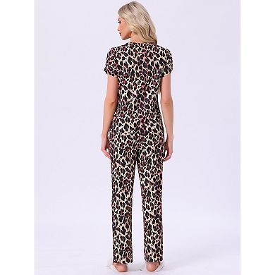 Women's Pajamas V Neck Short Sleeve Top with Drawstring Pants Sleepwear Lounge Sets with Pockets