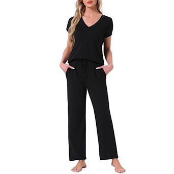 Women's Pajamas V Neck Short Sleeve Top with Drawstring Pants Sleepwear Lounge Sets with Pockets