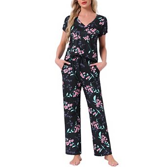 Women's Pajamas V Neck Short Sleeve Top with Drawstring Pants Sleepwear Lounge Sets with Pockets