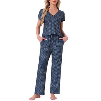 Women's Pajamas V Neck Short Sleeve Top with Drawstring Pants Sleepwear Lounge Sets with Pockets