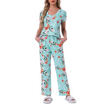 Women's Pajamas V Neck Short Sleeve Top with Drawstring Pants Sleepwear Lounge Sets with Pockets