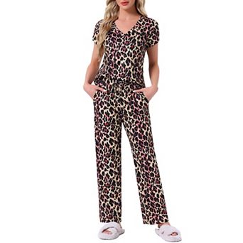 Women's Pajamas V Neck Short Sleeve Top with Drawstring Pants Sleepwear Lounge Sets with Pockets