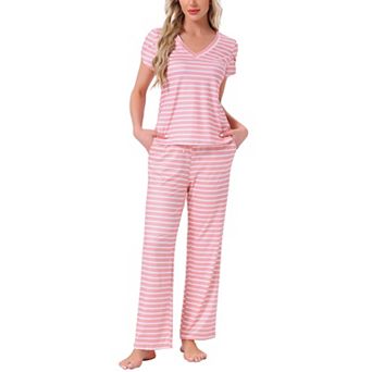 Women's Pajamas V Neck Short Sleeve Top with Drawstring Pants Sleepwear Lounge Sets with Pockets